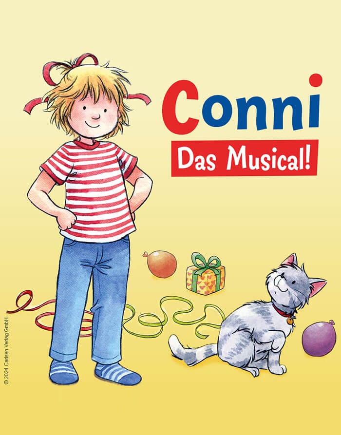 Das Bild hat einen gelben Hintergrund, darauf zu sehen ist ein gezeichnetes junges Mädchen mit blonden Haaren und einer roten Schleife im Haar, sie trägt ein rot weiß gestreiftes Shirt und eine Blaue Hose daneben sitzt eine grau weiße gezeichnete Katze die das Mädchen anschaut, im Hintergrund liegt ein Geschenk, zwei Ballons und Luftschnüre. Daneben steht 