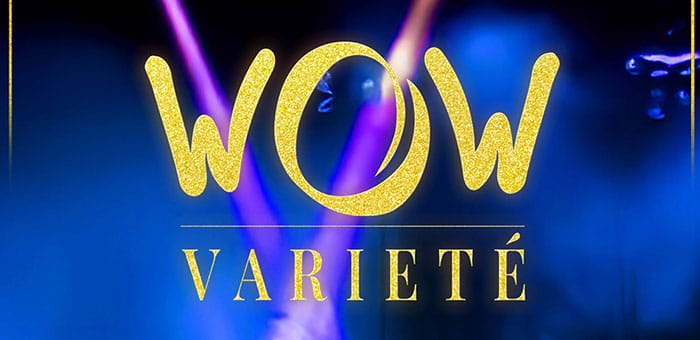 Eine junge Dame zeigt eine Darbietung mit 4 Hoola-Hoop reifen gleichzeitig, der Hintergrund ist bläulich nebelig, lila Scheinwerfer sind auf die Junge Dame gerichtet, darüber steht 